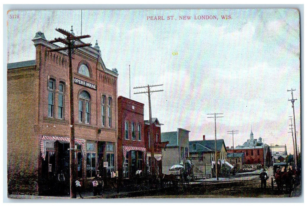 c1910 Horse Carriage Store, Opera House, Pearl Street New London WI Postcard