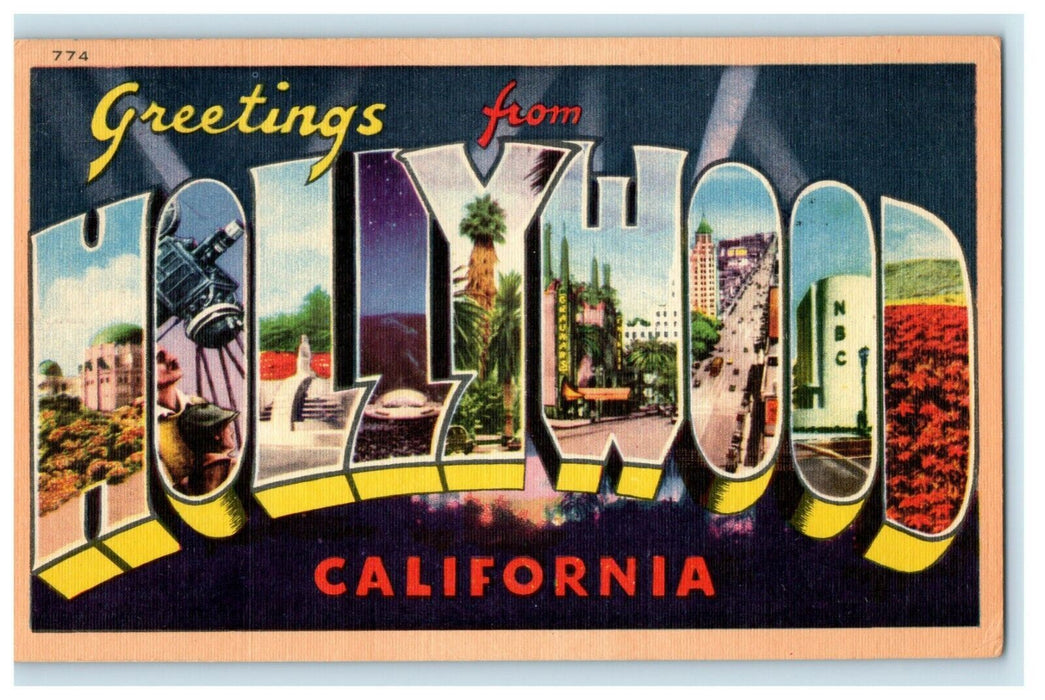 1947 Greetings From Hollywood California CA Large Letter Philatelic Postcard