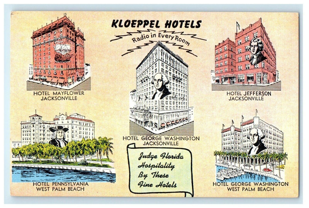 1932 Hotels in Jacksonville and West Palm Beach in Florida FL Unposted Postcard