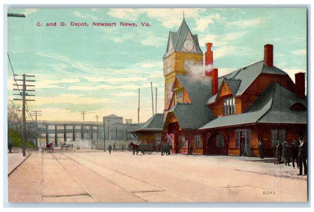 c1910 Tower Clock, C. and O. Depot Newport News Virginia VA Antique Postcard