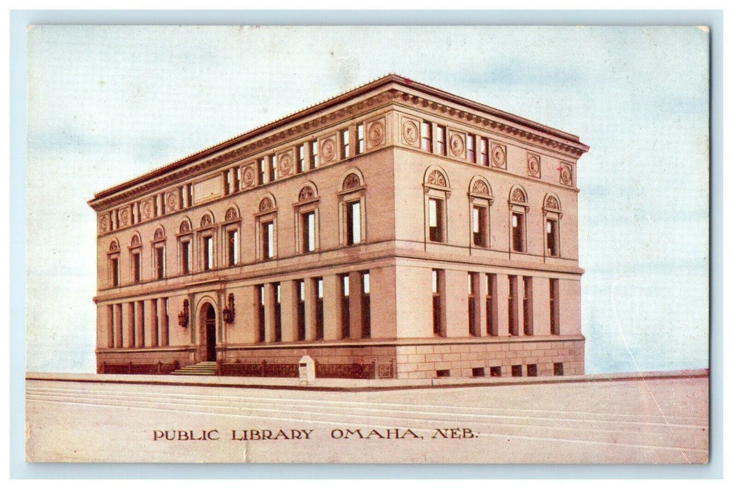 c1910 Public Library Street View Omaha Nebraska NE Posted Antique Postcard