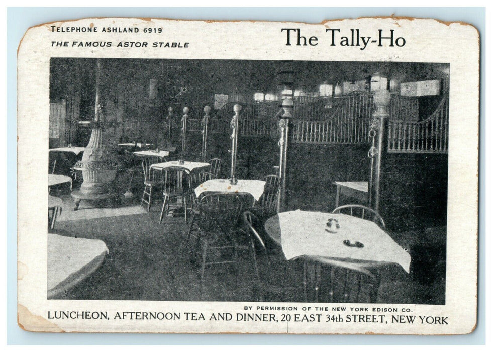 1925 Tally-Ho Restaurant New York City NY Advertising Astor Stable Postcard
