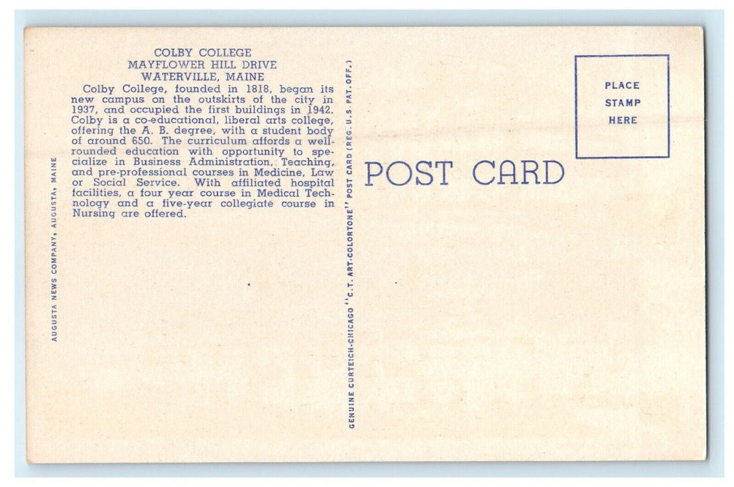 1934 Colby College, Mayflower Hill Drive, Waterville, Maine ME Vintage Postcard