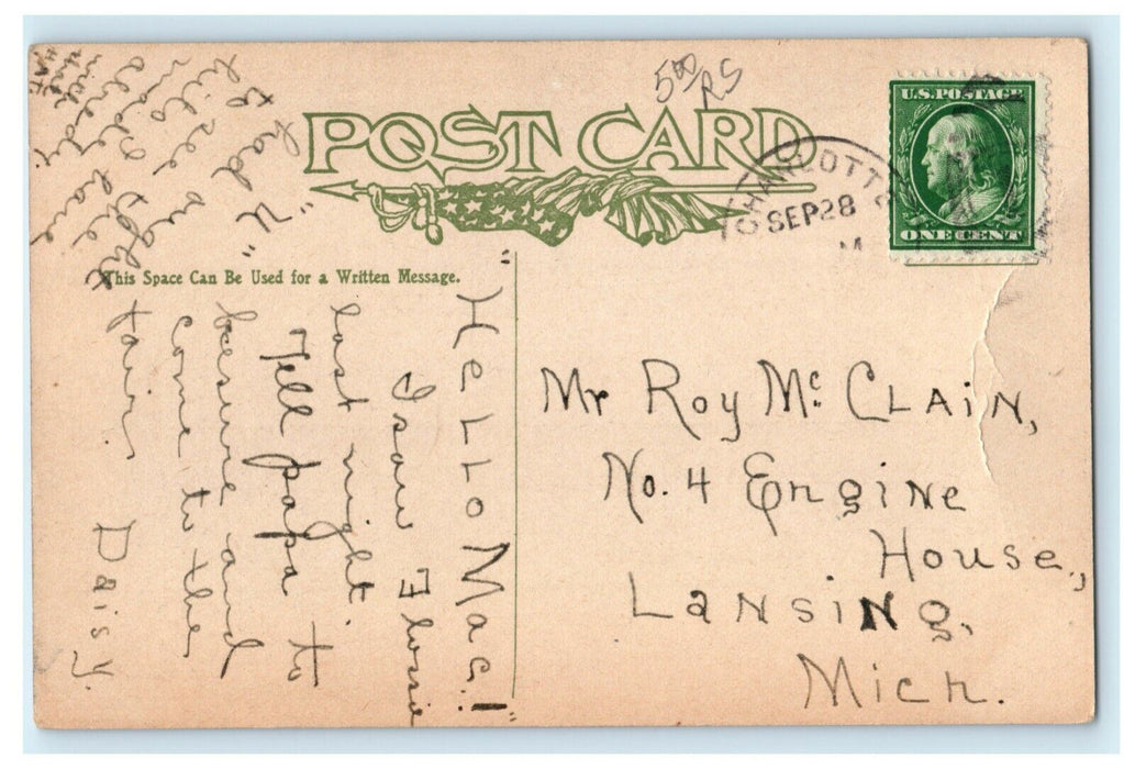 c1910 Canned Dog Running Charlotte Michigan MI Comic Humor Funny Postcard