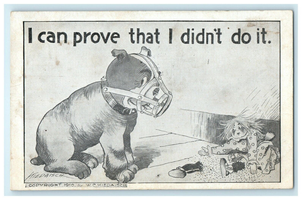 1912 Muzzled Bull Dog Ripped Doll Comic Funny Kiedaisch Madison WI Postcard