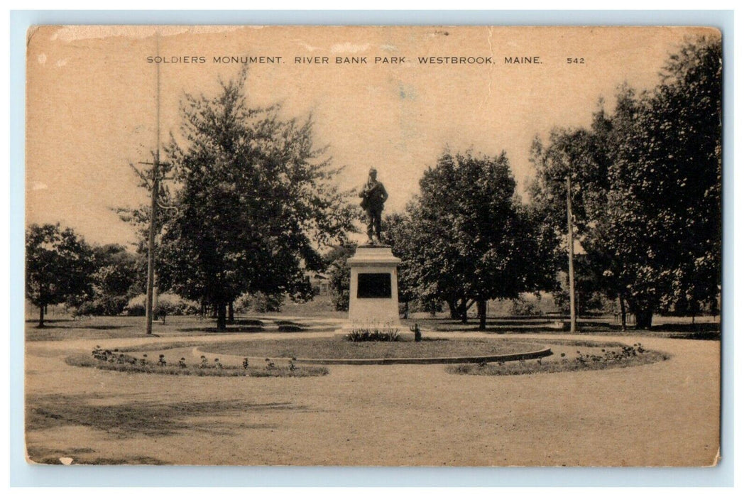 1936 Soldier's Monument, River Bank Park, Westbrook Maine ME Vintage Postcard