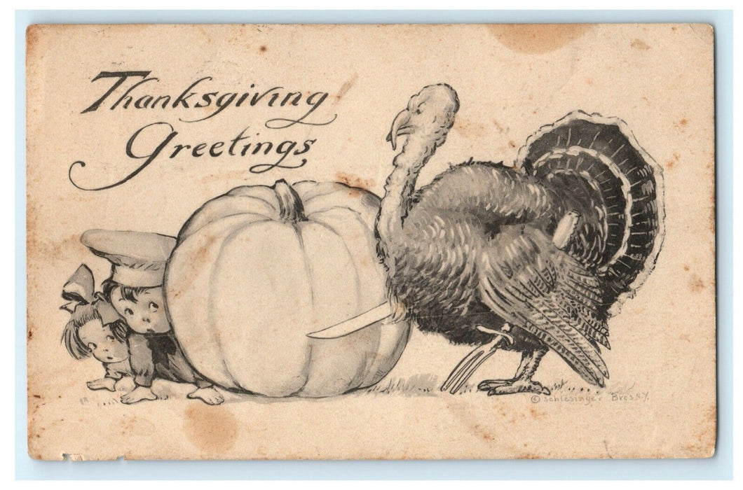 Thingsgiving Greetings Turkey with Knife Scared Kids Hiding Pumpkin Postcard