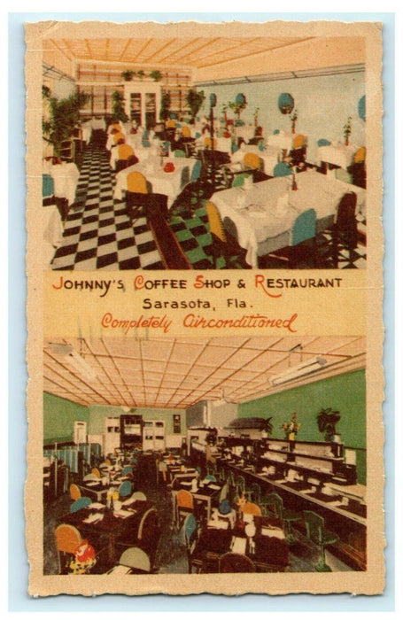 Johnny's Coffee Shop & Restaurant Sarasota Florida 1943 Postcard