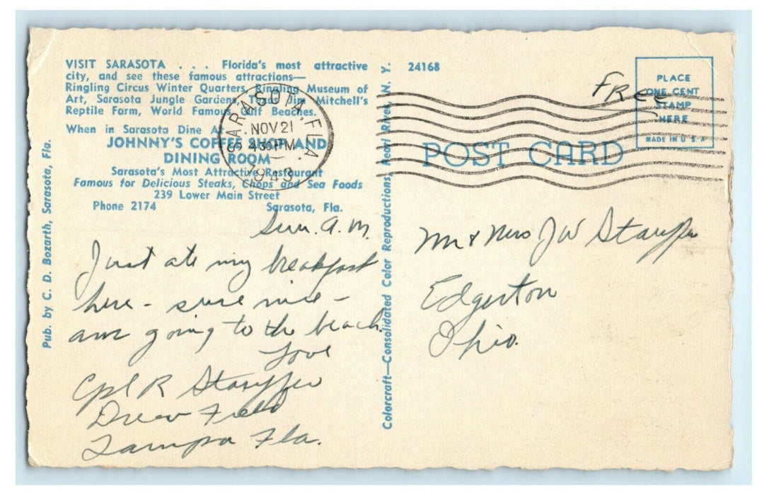 Johnny's Coffee Shop & Restaurant Sarasota Florida 1943 Postcard