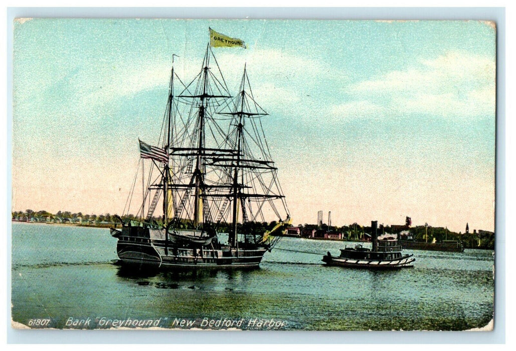 1911 Bark "Greyhound" New Bedford Harbor, Massachusetts MA Antique Postcard
