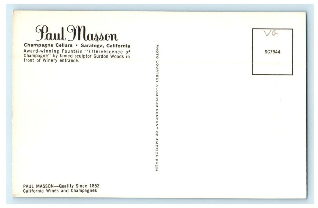Paul Masson Champagne Cellars Fountain Saratoga California CA Unposted Postcard