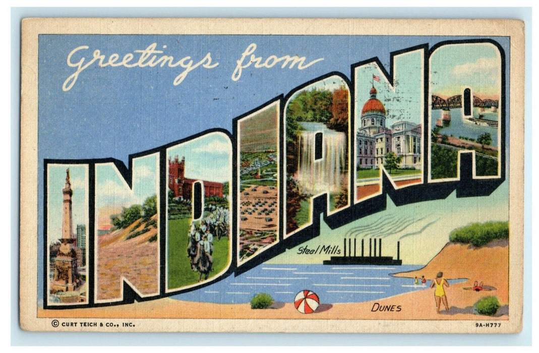 1948 Greetings From Indiana Fort Wayne Large Block Letter Steel Mills Postcard