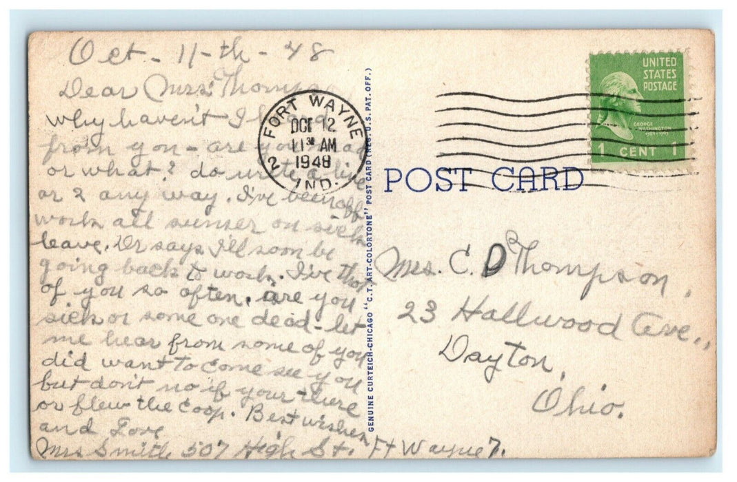 1948 Greetings From Indiana Fort Wayne Large Block Letter Steel Mills Postcard