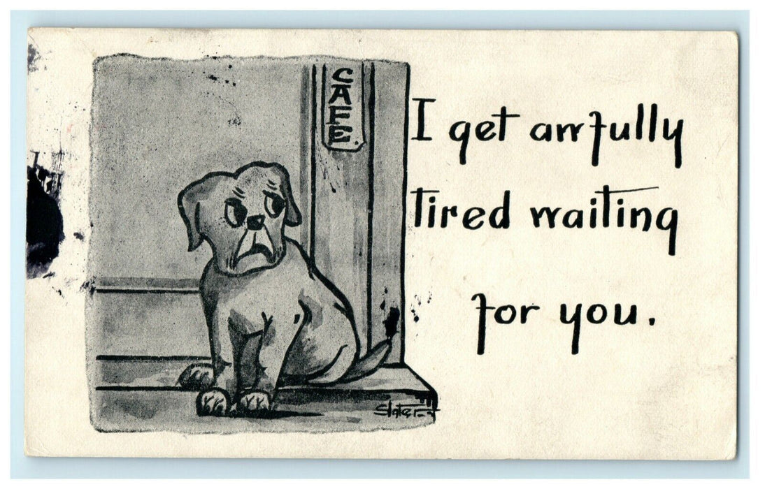 c1920 Puppy Dog Waiting Outside Cafe Comic Humor Funny Postcard