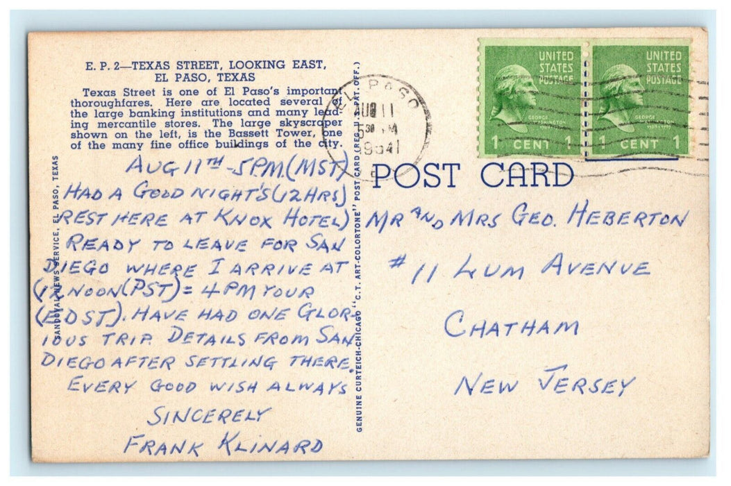 1941 Texas Street Looking East El Paso TX Chatham New Jersey NJ Postcard