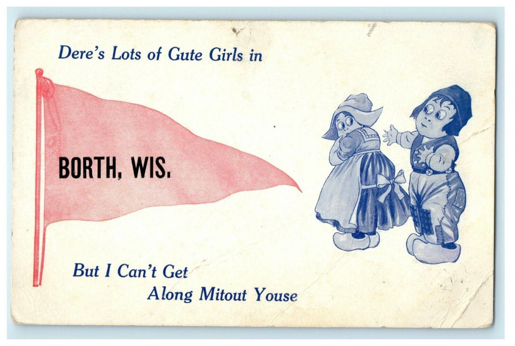 c1910 Dutch Kids Borth Wisconsin WI Greetings Pennant Comic Humor Funny Postcard
