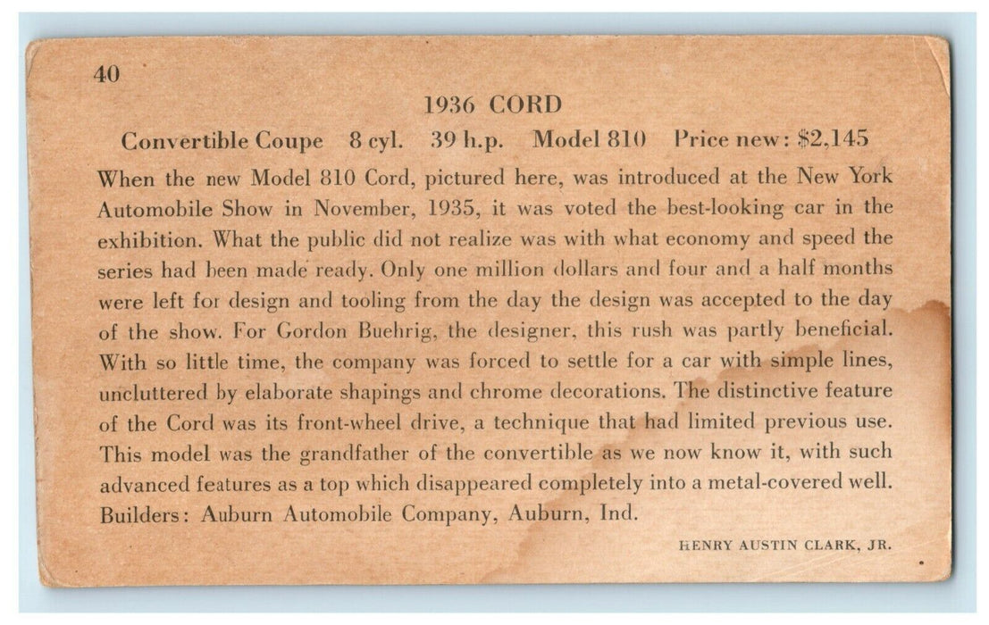 1936 Cord Convertible Car Auburn Indiana IN Trade Card Advertising Postcard