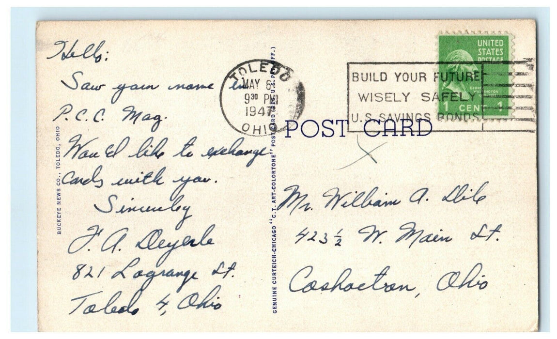 1947 Greetings From Toledo Ohio OH Large Block Letter Posted Postcard