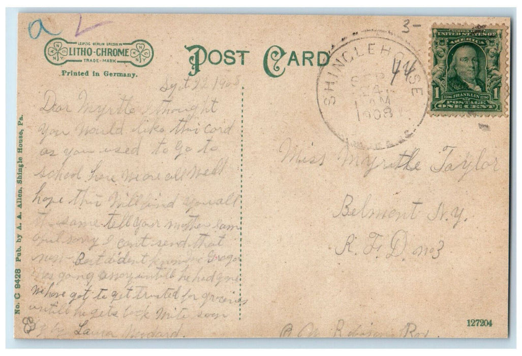 1908 School House, Shingle House Pennsylvania PA Posted Antique Postcard