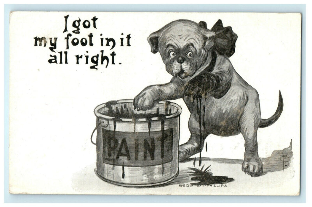 c1910 Puppy Dog with Foot in Paint Can Comic Humor Funny Postcard