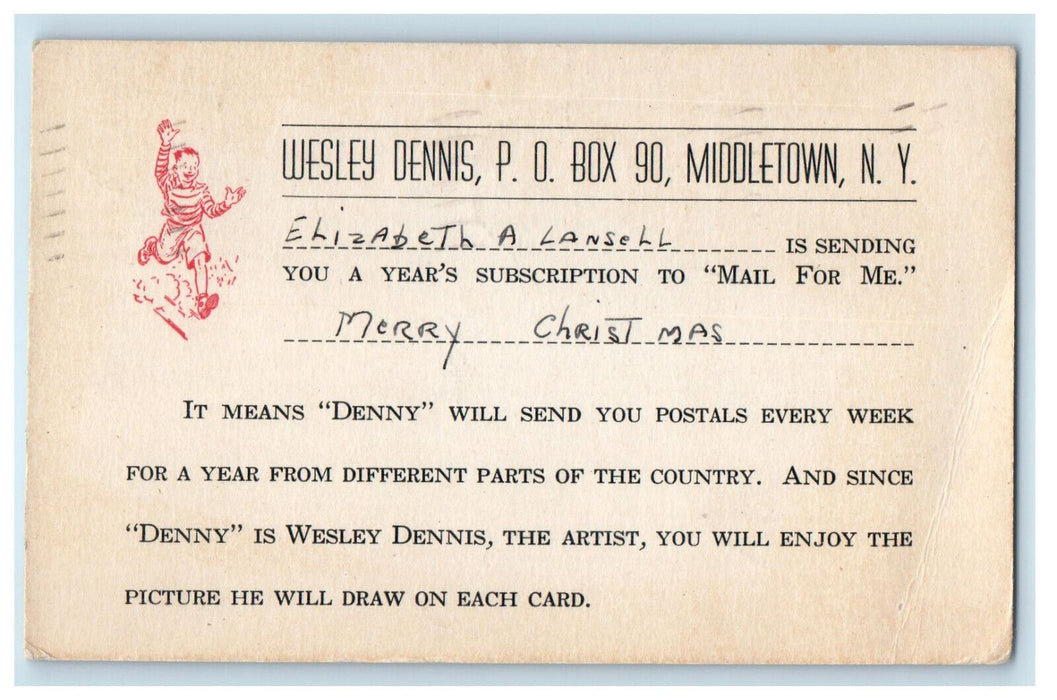 1946 Wesley Dennis "Mail For Me"  Artist Christmas Middletown NY Postcard