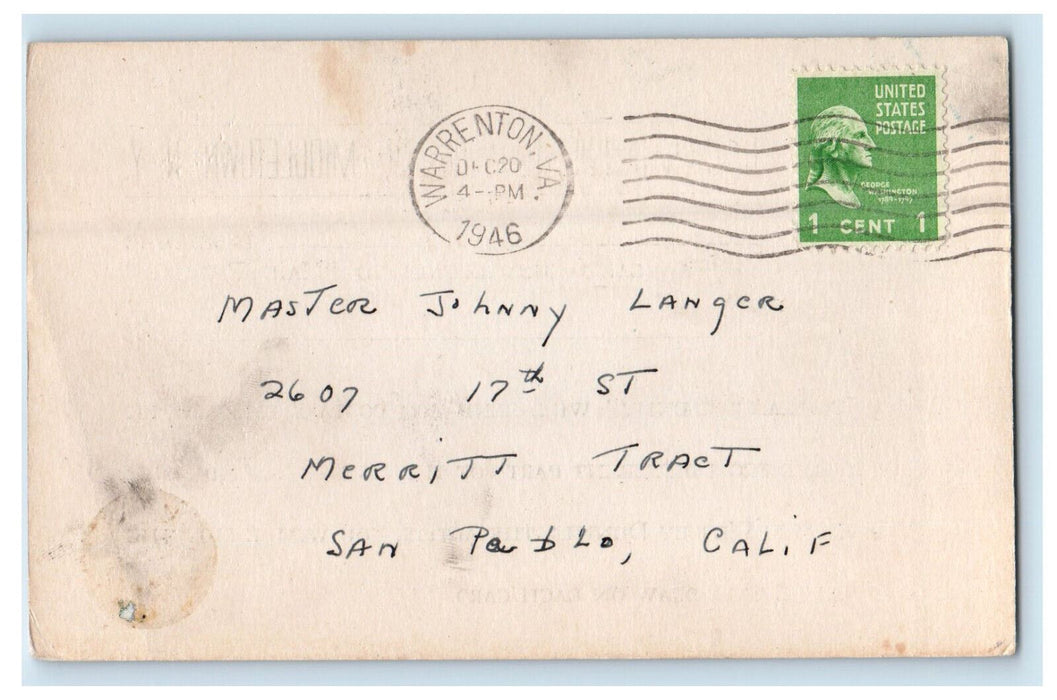 1946 Wesley Dennis "Mail For Me"  Artist Christmas Middletown NY Postcard