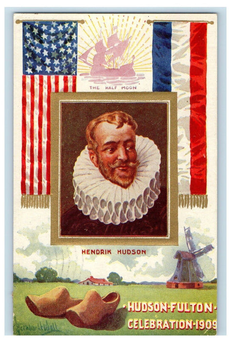 1909 The Half Moon Hendrick Hudson Clogs Windmill Albany New York NY Postcard