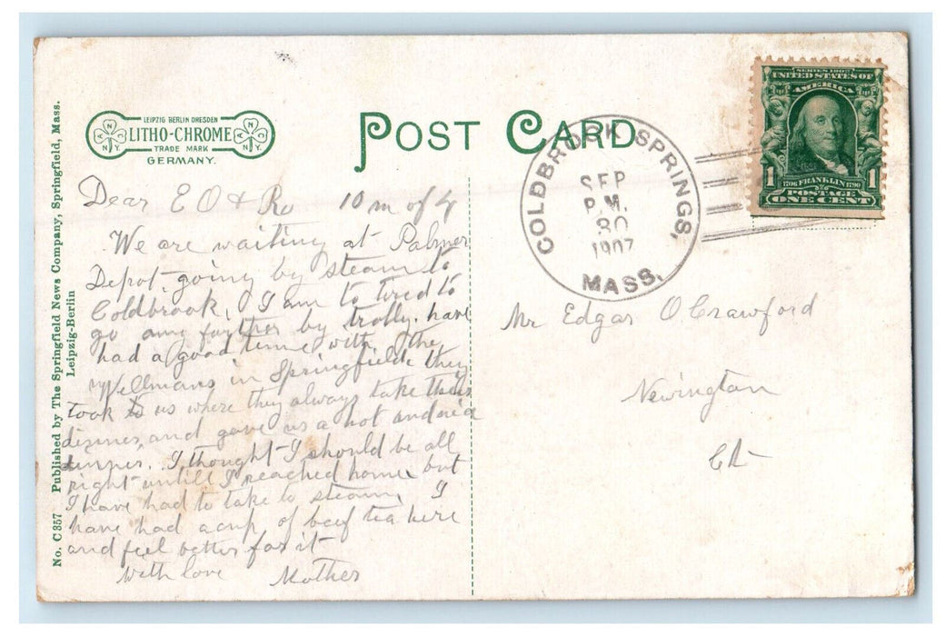 1907 Dam at Indian Orchard Massachusetts MA Coldbrock Springs MA Postcard
