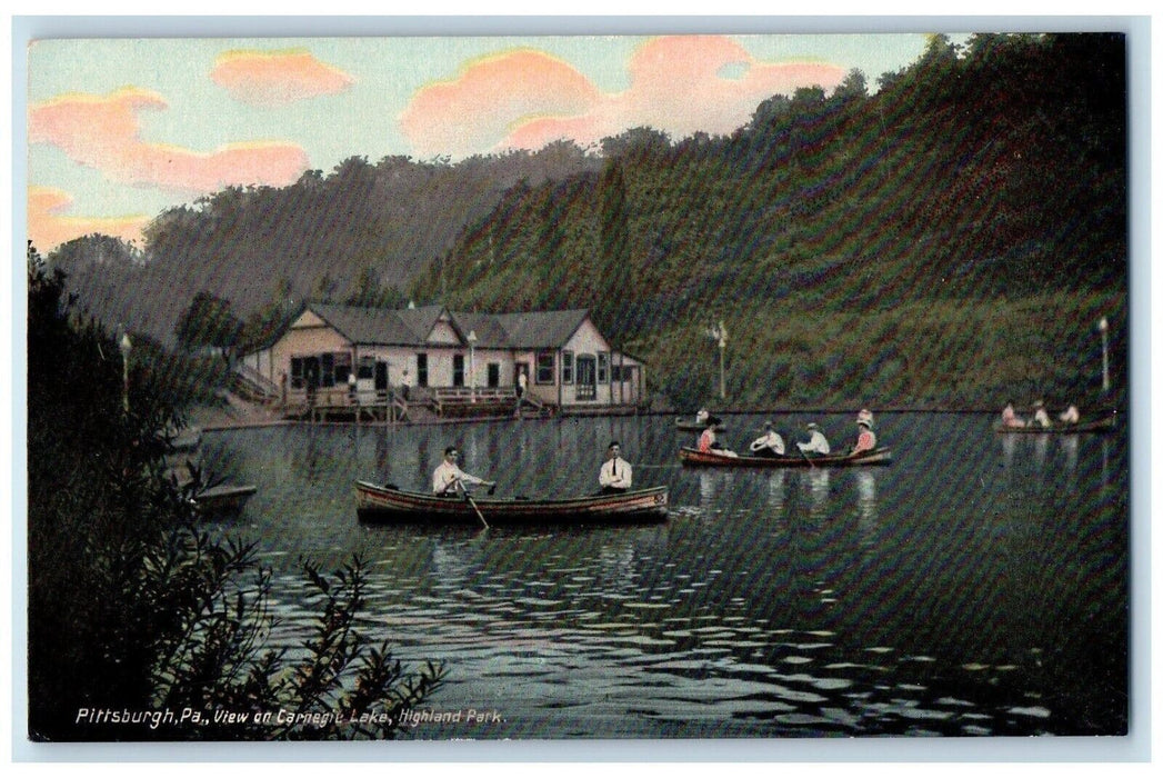 c1910 Canoe Boating on Carnegie Lake Highland Park Pittsburgh PA Postcard