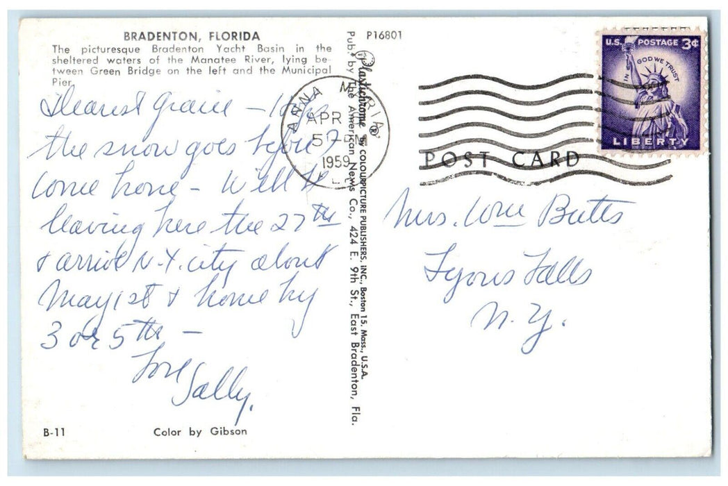 1959 Bradenton Florida FL, Bradenton Yacht Basin Manatee River View Postcard