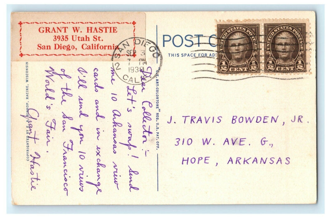 1939 Hotel Lake Geneva Wisconsin WI Hope Arkansas Postcard Swap Request