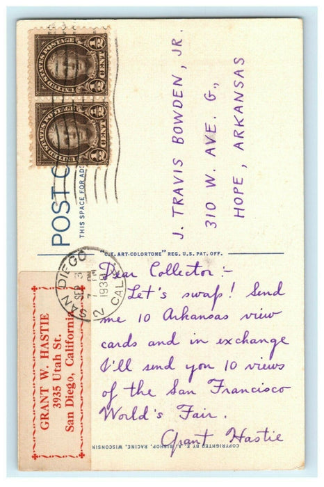 1939 Hotel Lake Geneva Wisconsin WI Hope Arkansas Postcard Swap Request