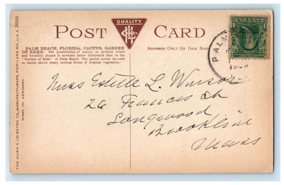 1909 Palm Beach Florida FL Garden of Eden Cactus Garden Postcard