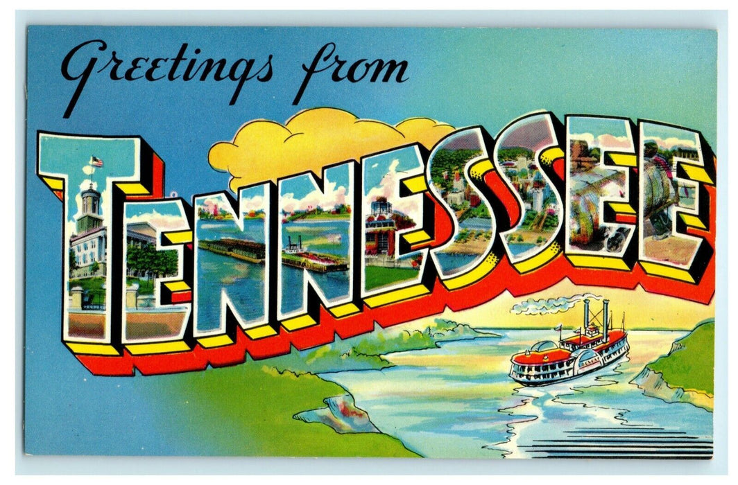 c1960's Greetings From Tennessee TN Steamboat Large Block Letter Postcard