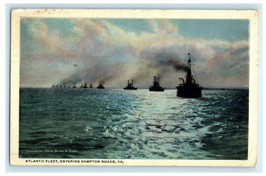 1917 Atlantic Fleet Entering Hampton Roads Virginia VA Military Ships Postcard