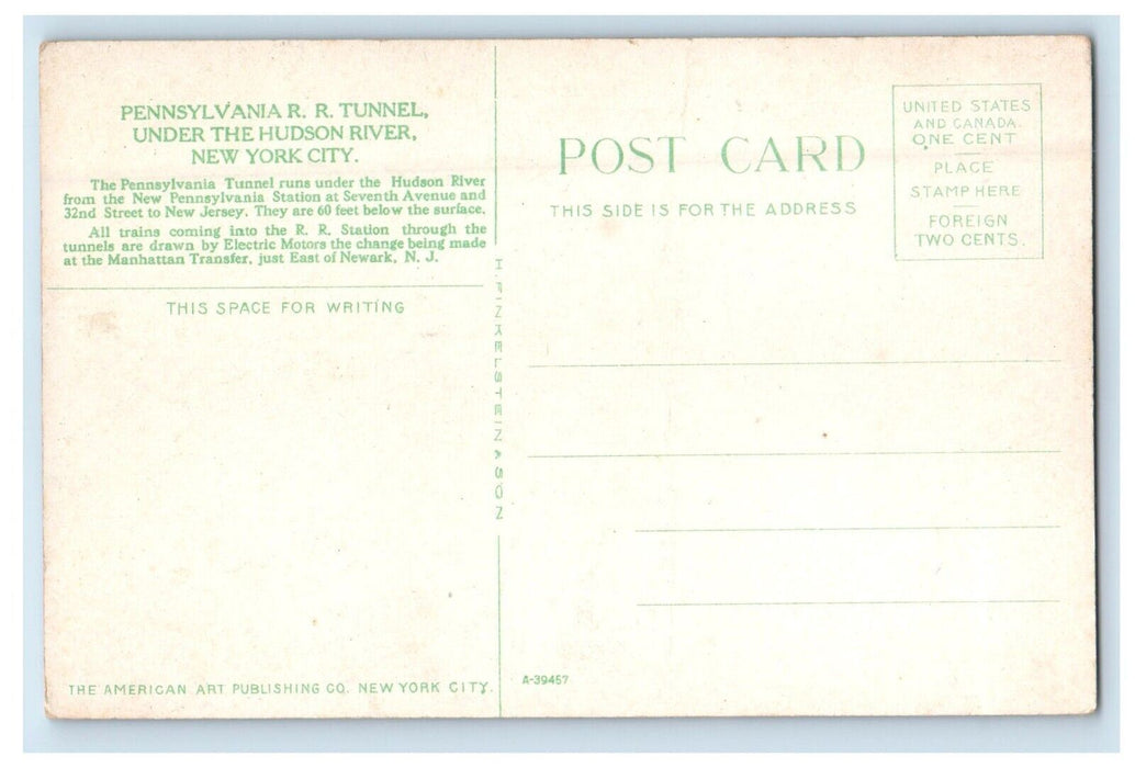 Pennsylvania R.R. Railroad Under The Hudson River New York City NY  Postcard