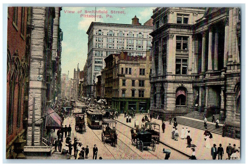 c1910 Trolley Car Horse Carriage View of Smithfield Street Pittsburg PA Postcard