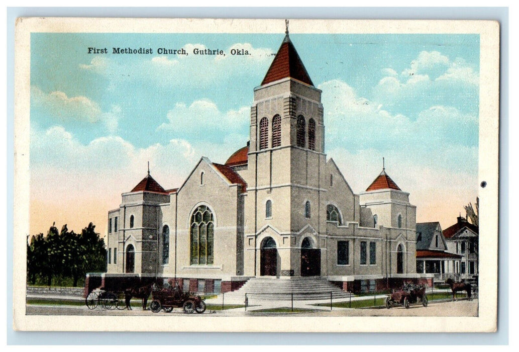 1924 First Methodist Church Cars Horse Carriage Guthrie Oklahoma OK Postcard