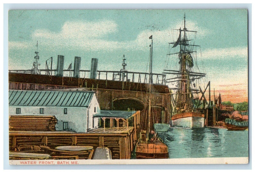 1908 View Of Water Front Boat Bath Maine ME Posted Antique Postcard