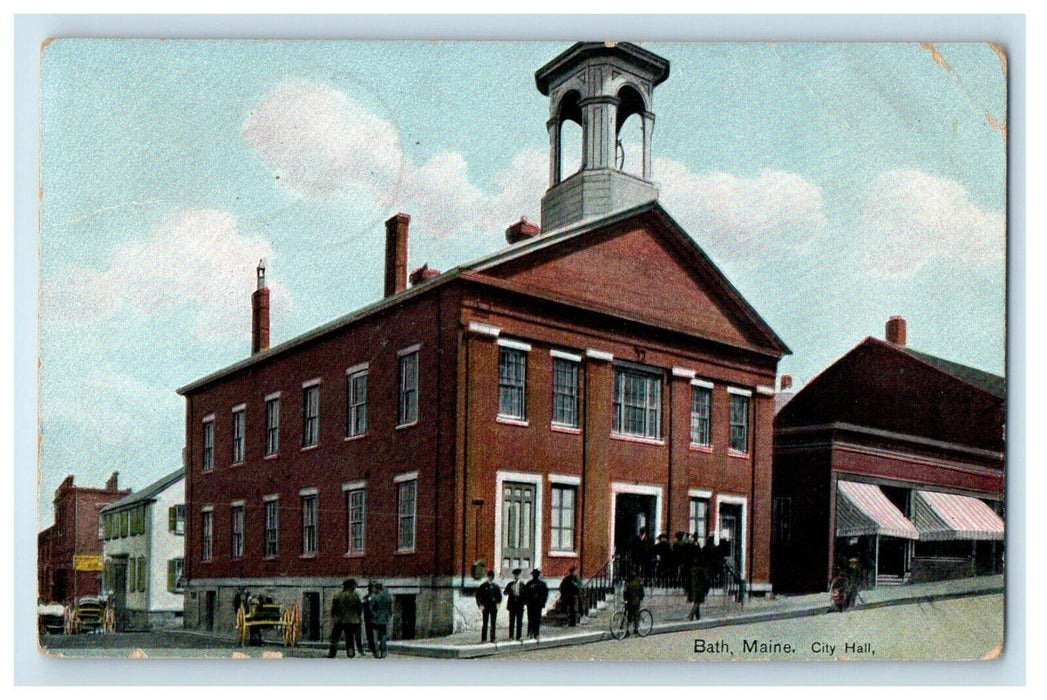 1910 City Hall Building Street View Bicycle Wagon Bath Maine ME Antique Postcard