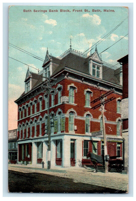 1912 Bath Savings Bank Block Front St. Bath Maine ME Posted Antique Postcard