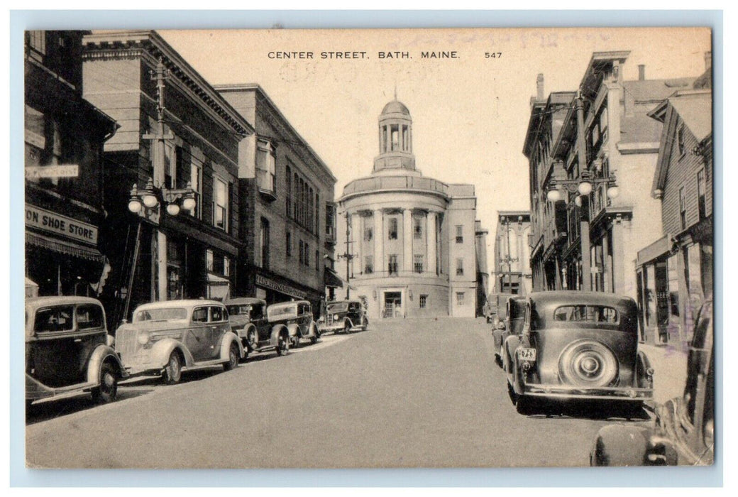 1944 Center Street View Cars And Buildings Bath Maine ME Posted Vintage Postcard