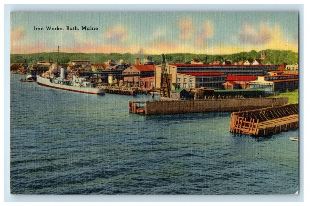 1942 View Of Iron Works Steamer Ship Bath Maine ME Posted Antique Postcard