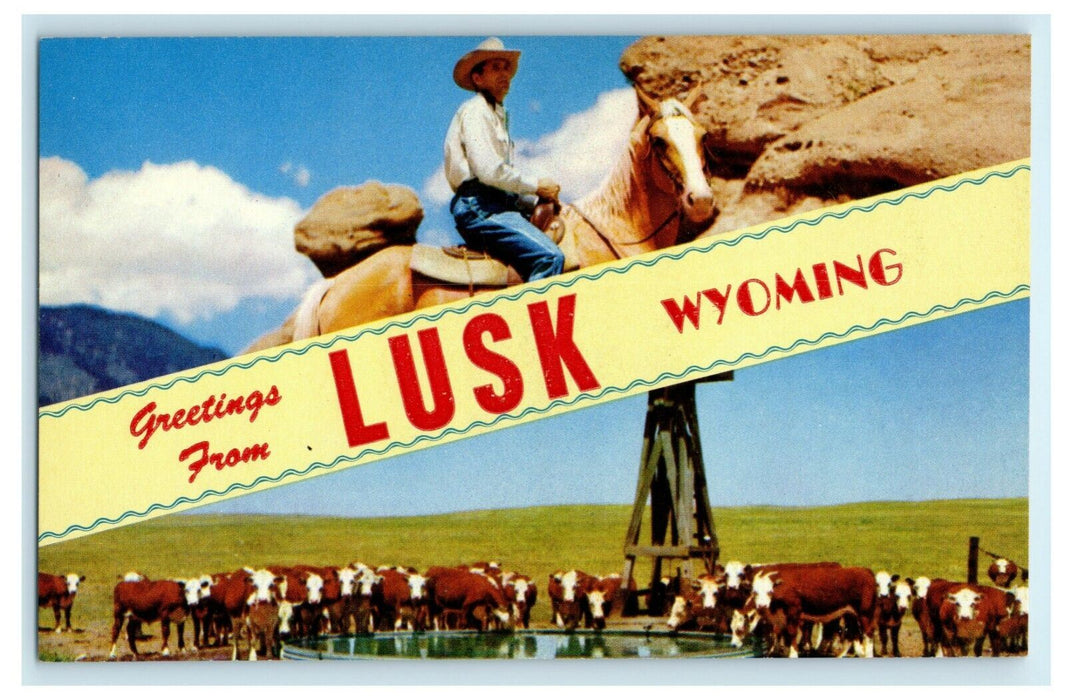 c1960's Greetings From Lusk Wyoming WY Cowboy Cattle Unposted Vintage Postcard