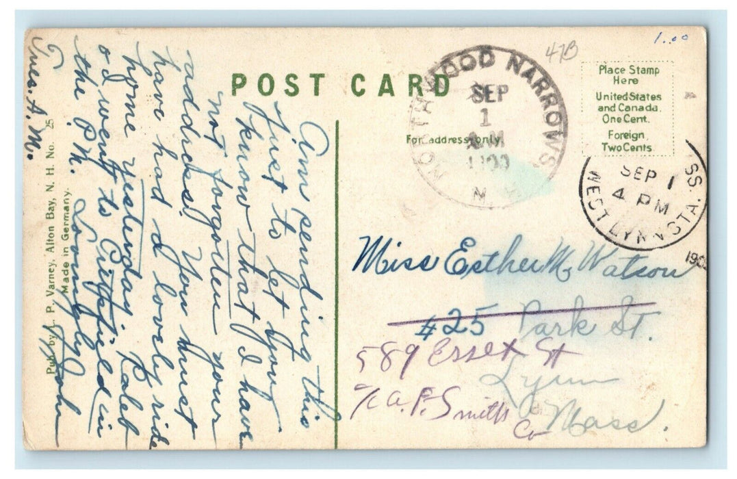 1908 Back Bay Alton Bay New Hampshire NH Northwood Narrows Postcard