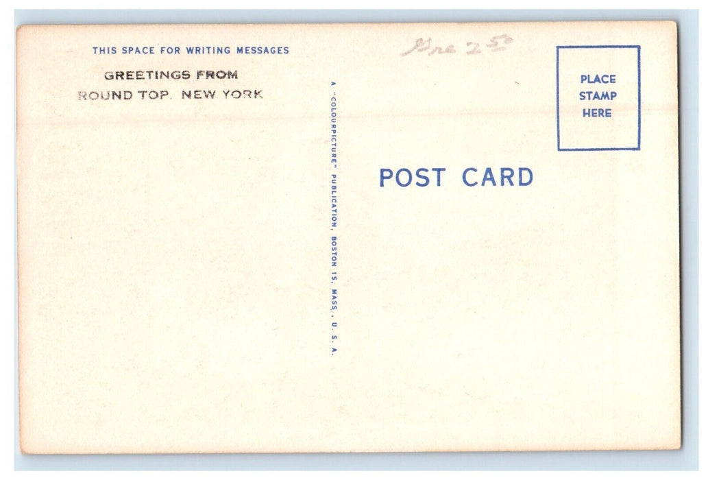 Greetings From Round Top New York NY, Man Cooking Canoe Boat Lake Postcard