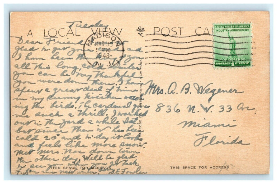 1943 Public Library Madison New Jersey NJ Posted Antique Postcard