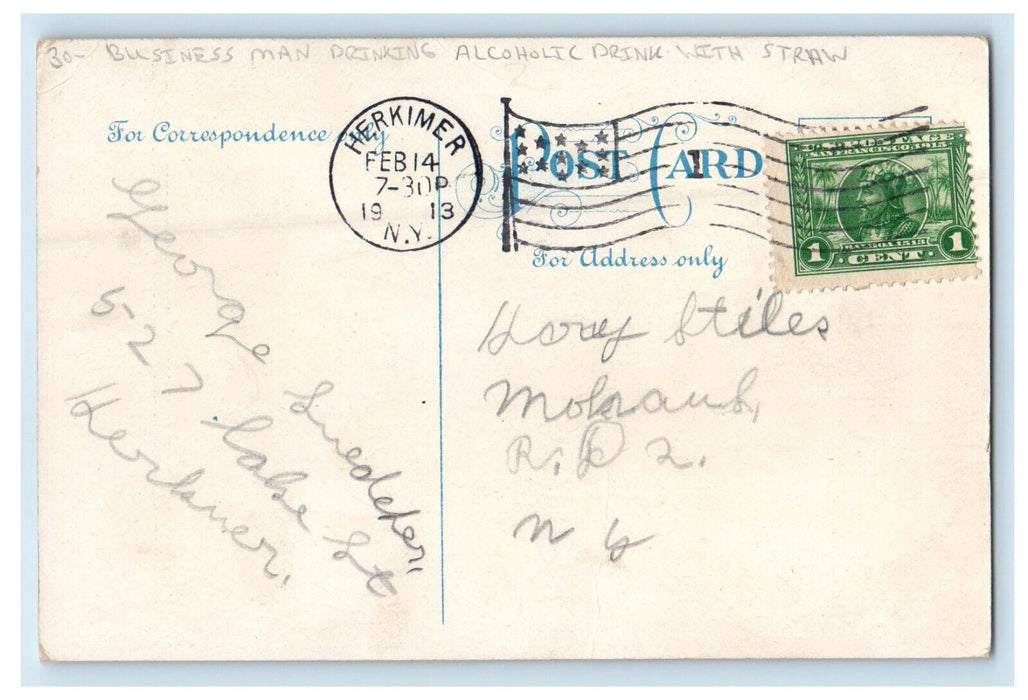 1913 Business Man Drinking Alcoholic Drink with Straw Posted Postcard