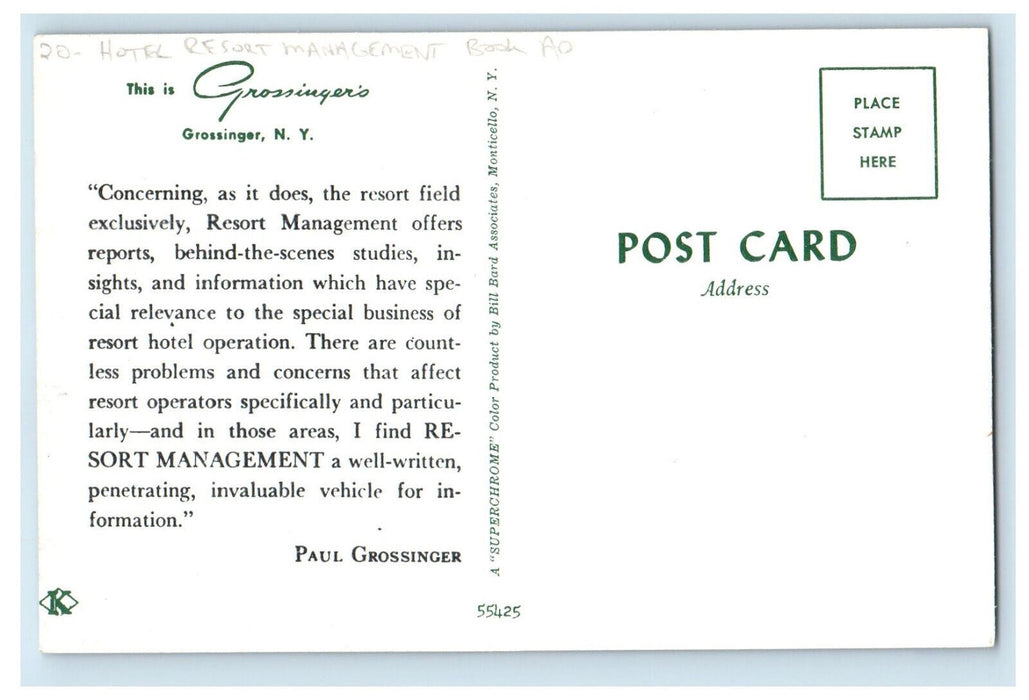 c1905 Grossingers Hotel Resort Management Book Advertising New York Postcard