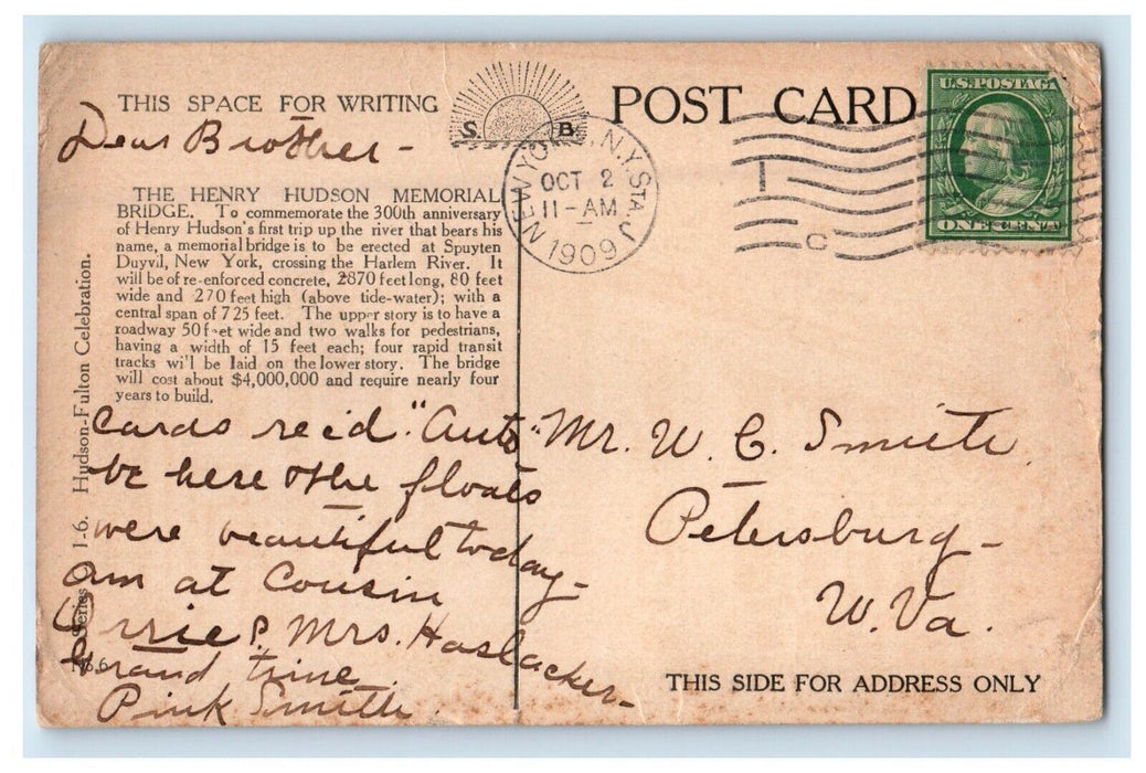 1909 Henry Hudson Memorial Bridge Erected Steamboat New York NY Antique Postcard